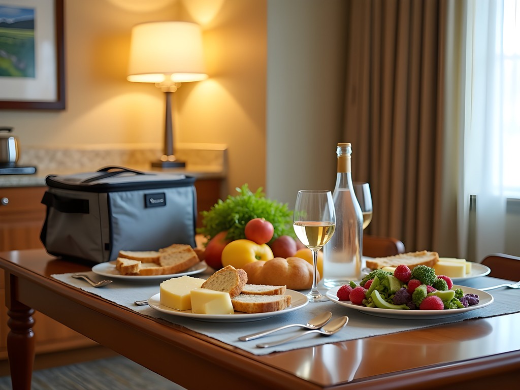 Family enjoying picnic-style dinner in hotel room with grocery items spread on table
