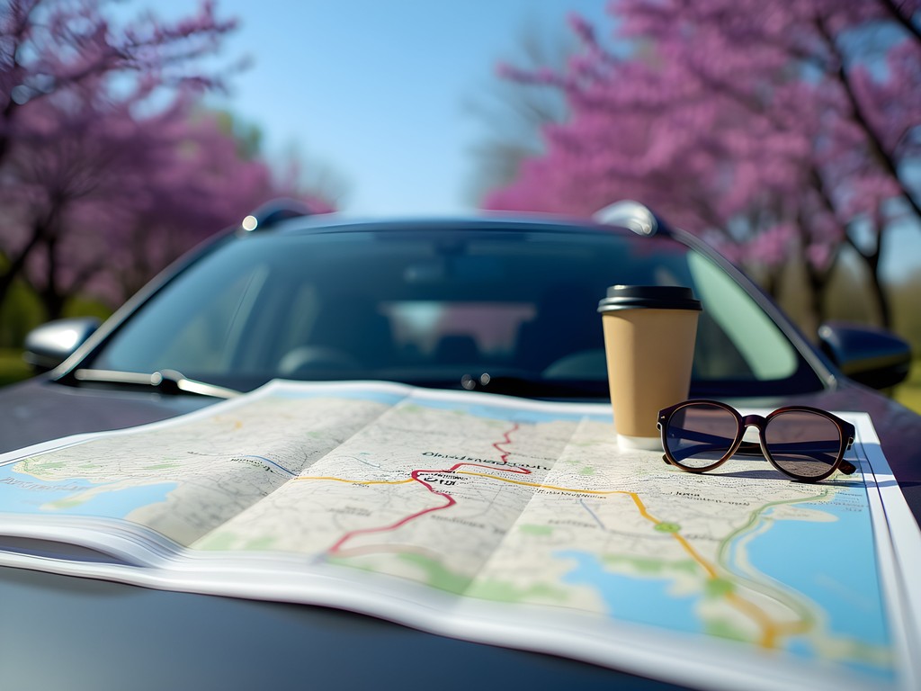 Man reviewing road trip map from Oklahoma City to Midwest City with spring blooms in background