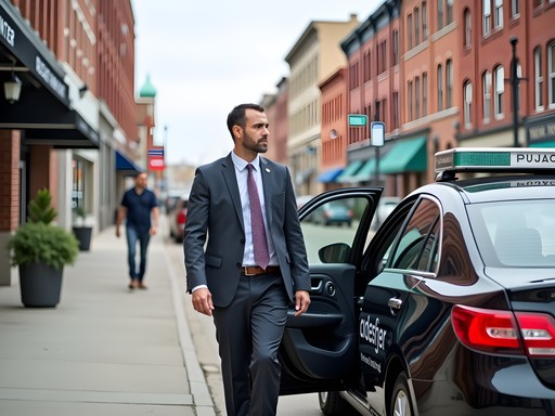 Business traveler using rideshare service in downtown Minot
