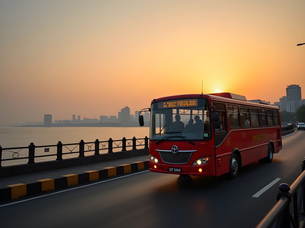 BEST bus traveling along Marine Drive in Mumbai