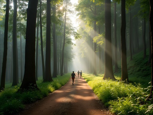 Walking trail in Karura Forest, Nairobi with runners and walkers enjoying nature