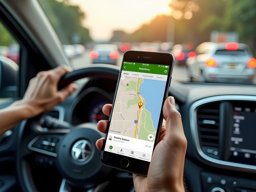 Person using rideshare app on smartphone with Nairobi traffic in background