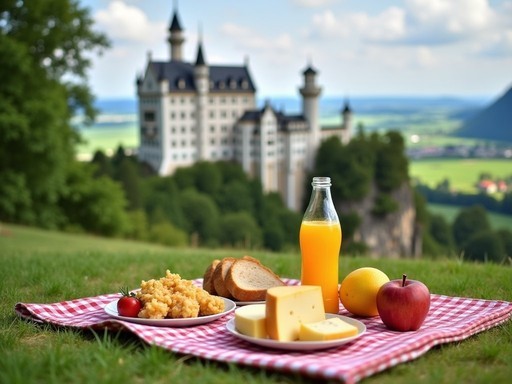 Simple picnic spread with Neuschwanstein Castle view in background