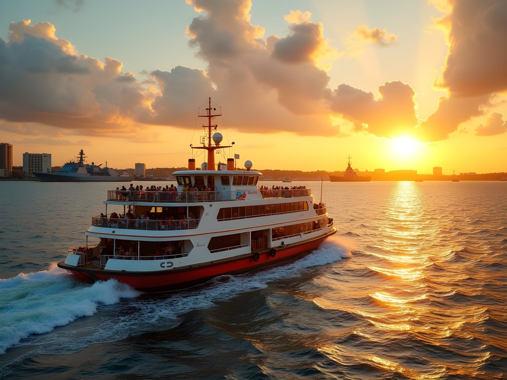 Elizabeth River Ferry crossing between Norfolk and Portsmouth at sunset with naval ships visible