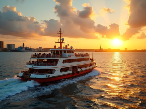 Elizabeth River Ferry crossing between Norfolk and Portsmouth at sunset with naval ships visible