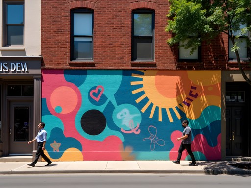 Colorful street art mural in Norfolk's NEON District with pedestrian walking past