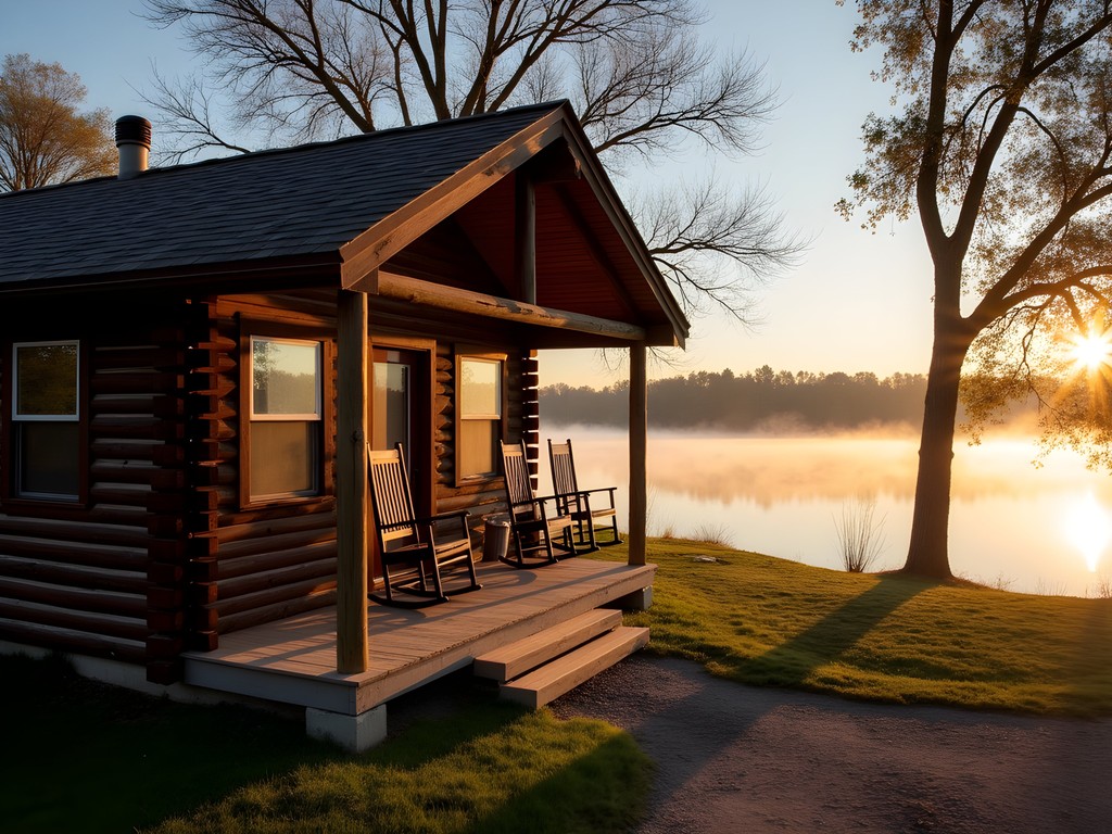 Rustic cabin at Lake Maloney State Recreation Area with misty sunrise over water