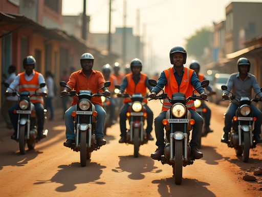 Motorbike taxi drivers waiting for customers at a busy Ouagadougou intersection