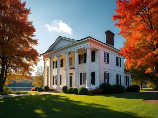 Blennerhassett Mansion on island surrounded by autumn trees and Ohio River