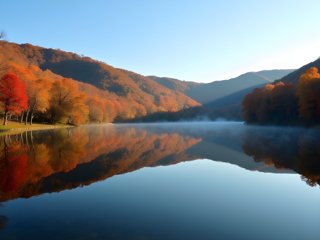 Mountwood Park lake with perfect reflection of autumn trees and mountains