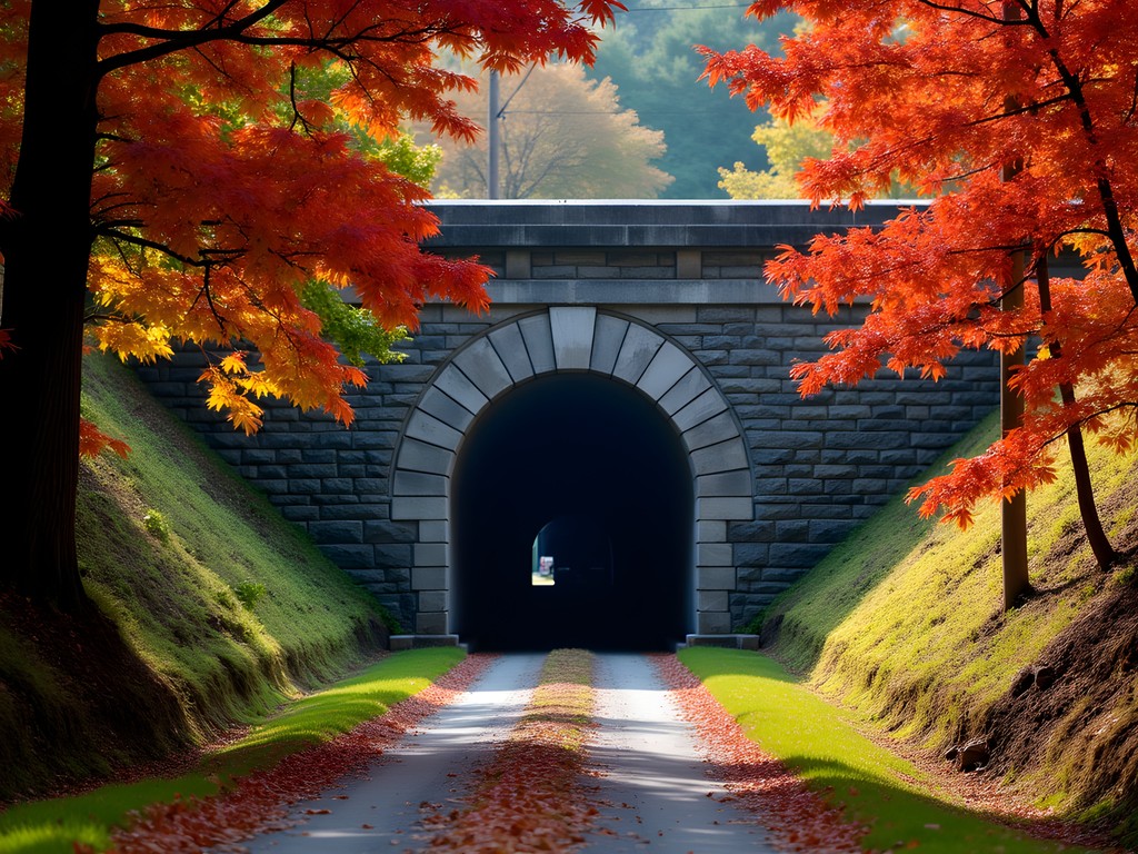 Historic tunnel entrance on North Bend Rail Trail surrounded by autumn foliage