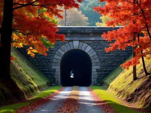 Historic tunnel entrance on North Bend Rail Trail surrounded by autumn foliage