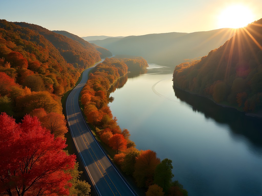 Ohio River Scenic Byway with vibrant fall foliage reflecting in river