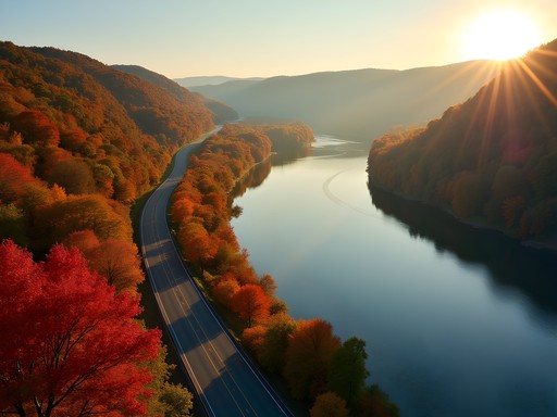 Ohio River Scenic Byway with vibrant fall foliage reflecting in river
