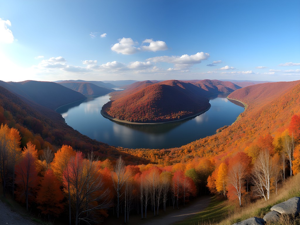 Panoramic view of Ohio River Valley from Parkersburg overlook with fall foliage