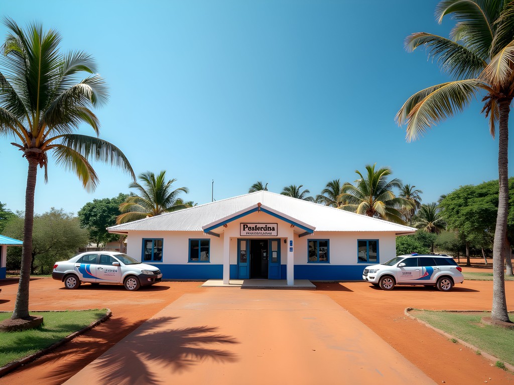 Pemba International Airport exterior with palm trees and red soil pathway