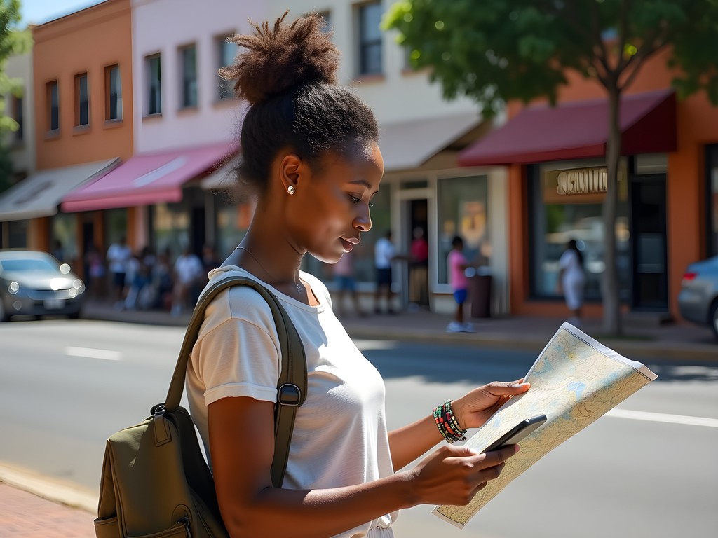 Travel blogger Zoe Kelly navigating downtown Polokwane with map and local SIM card