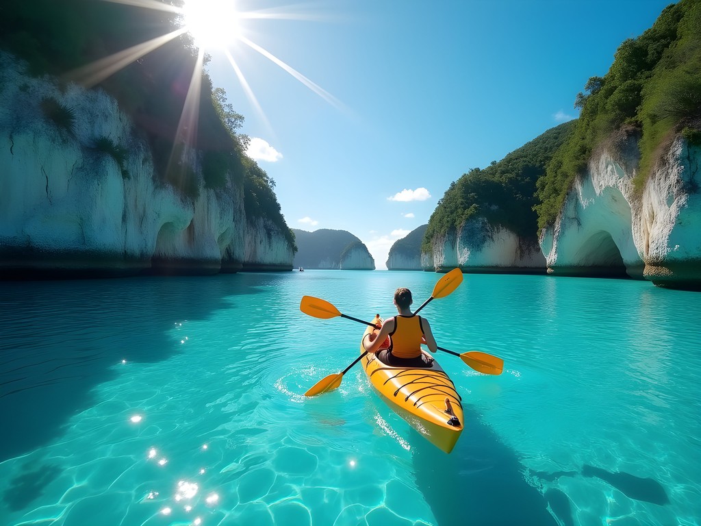 Man kayaking in turquoise waters of Whitsunday Islands with island backdrop
