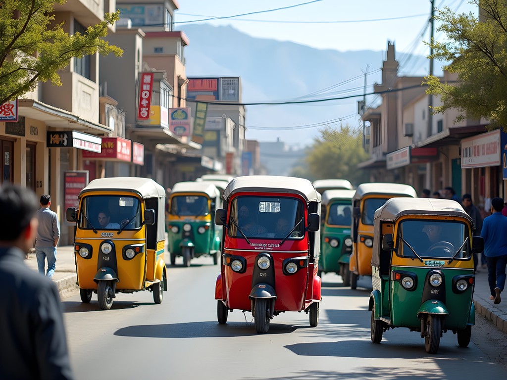 Colorful auto-rickshaws and traffic on busy Quetta street