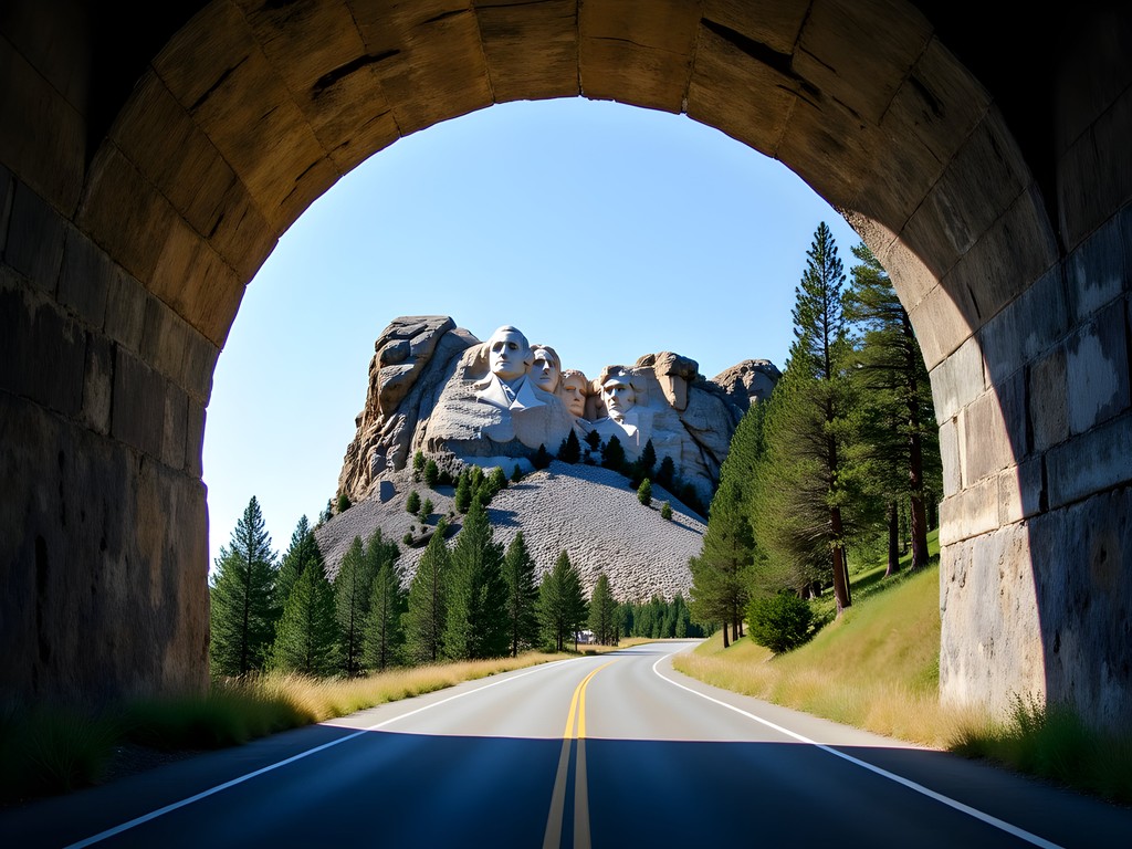 Mount Rushmore framed through stone tunnel on Iron Mountain Road South Dakota