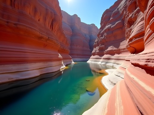 Dramatic stratified red rock formations at Flaming Gorge with clear blue water