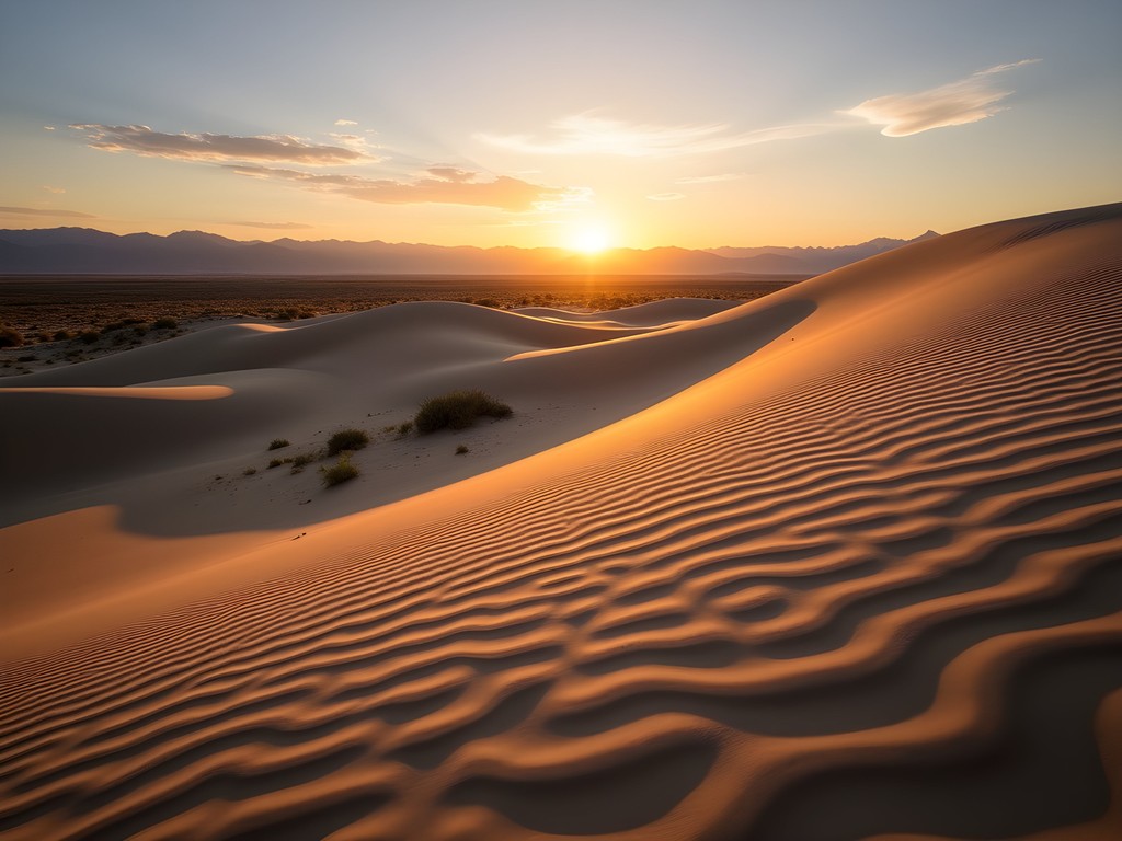 Golden morning light on rippled Killpecker Sand Dunes with sage brush and mountains in background