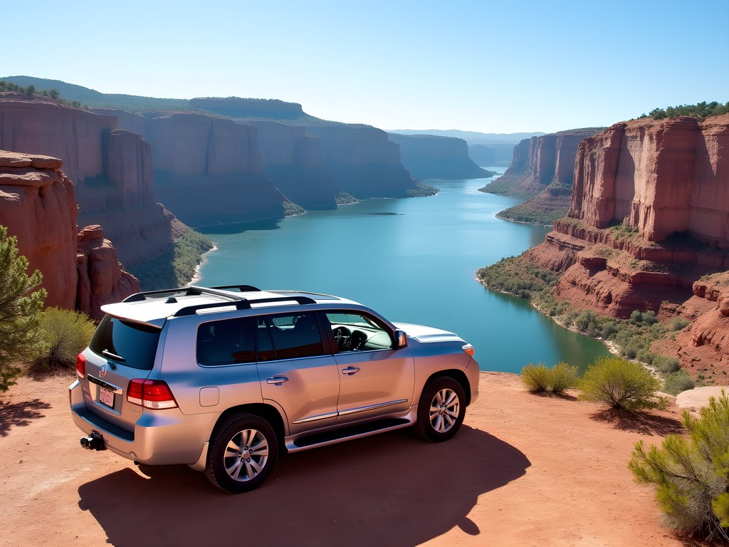 SUV parked at scenic Flaming Gorge overlook with red rock formations and reservoir