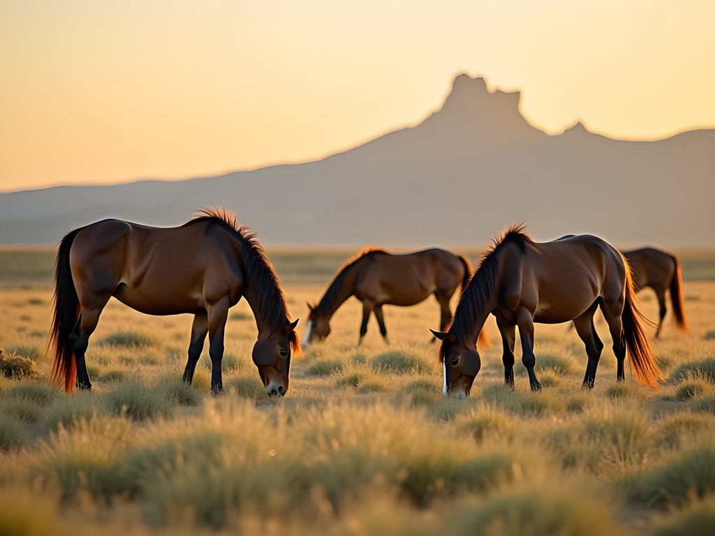 Wild horses grazing on Wyoming prairie with Pilot Butte in background at dawn