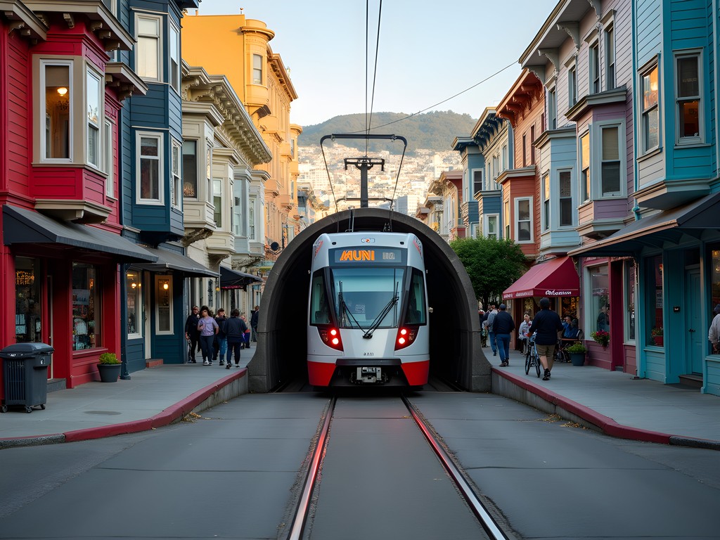 MUNI metro train emerging from underground tunnel into vibrant San Francisco neighborhood