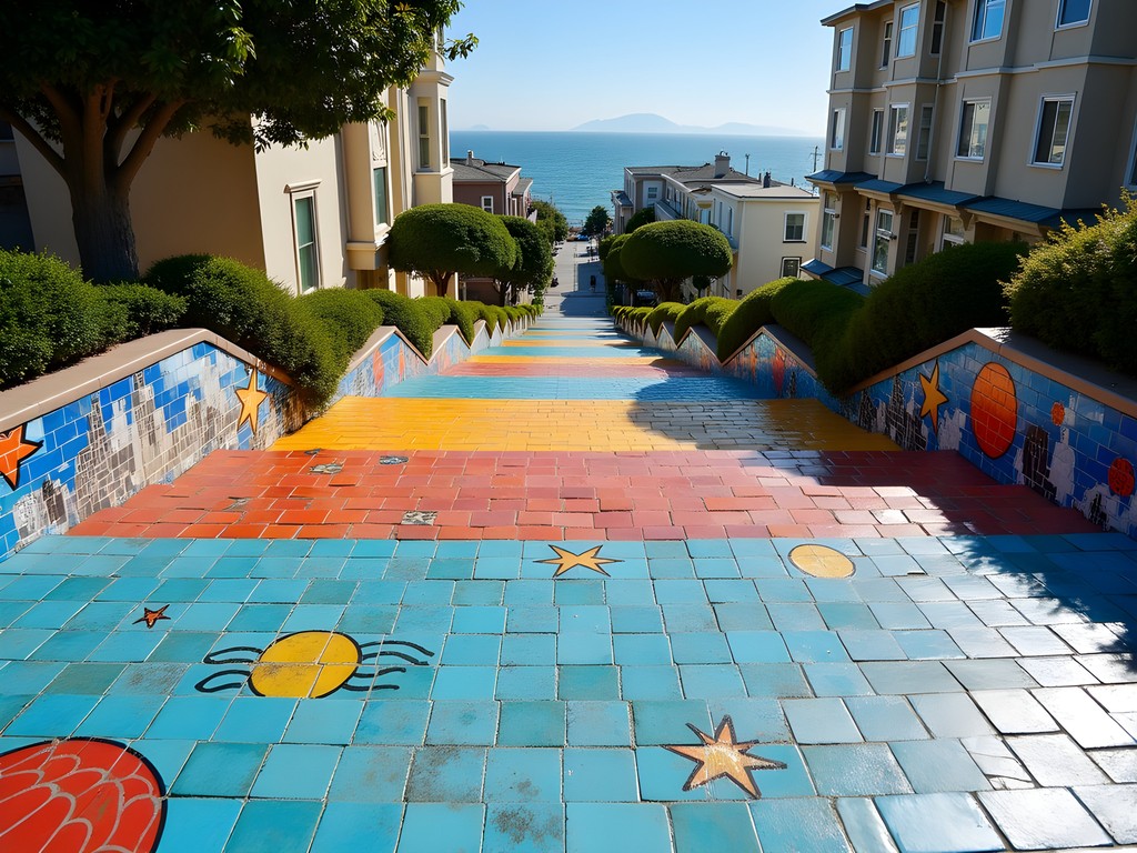 The colorful mosaic 16th Avenue Tiled Steps with sea-to-stars pattern