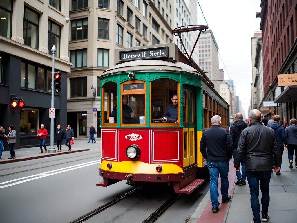 Historic F-Line streetcar on Market Street with passengers boarding