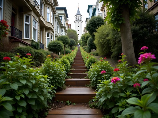 Person climbing the picturesque Filbert Steps with gardens on both sides