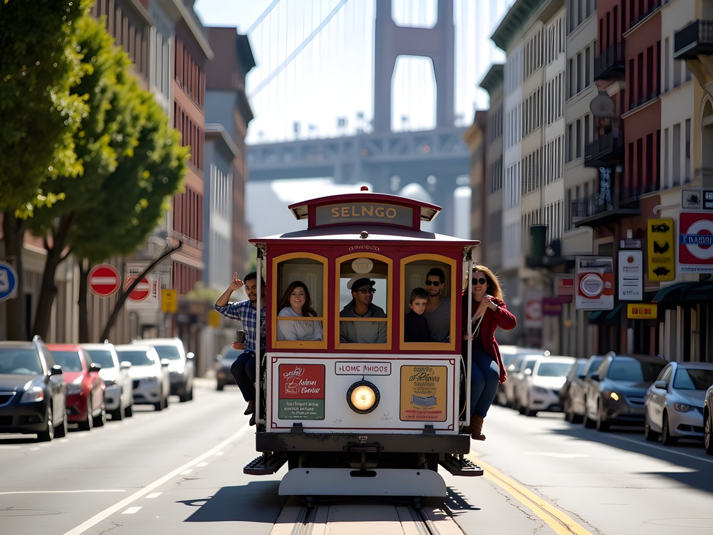 Historic cable car climbing Powell Street with passengers hanging off the side