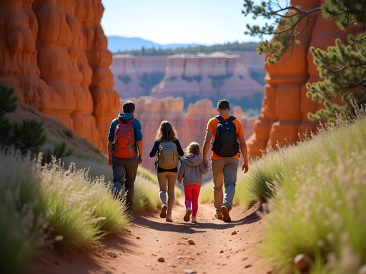 Family hiking among hoodoos on Queens Garden Trail in Bryce Canyon