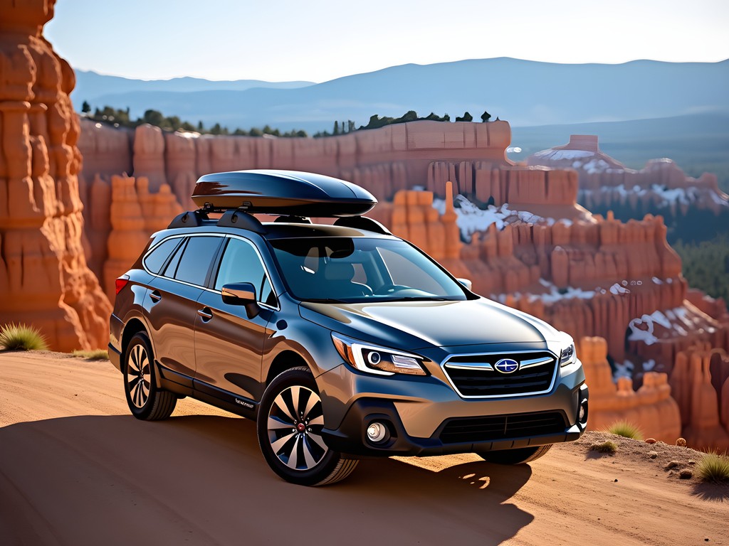 SUV parked at Bryce Canyon overlook with dramatic hoodoo formations in background