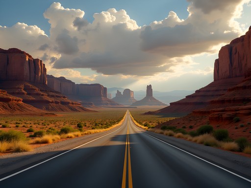 Scenic highway through Utah's red rock country with mountains in distance
