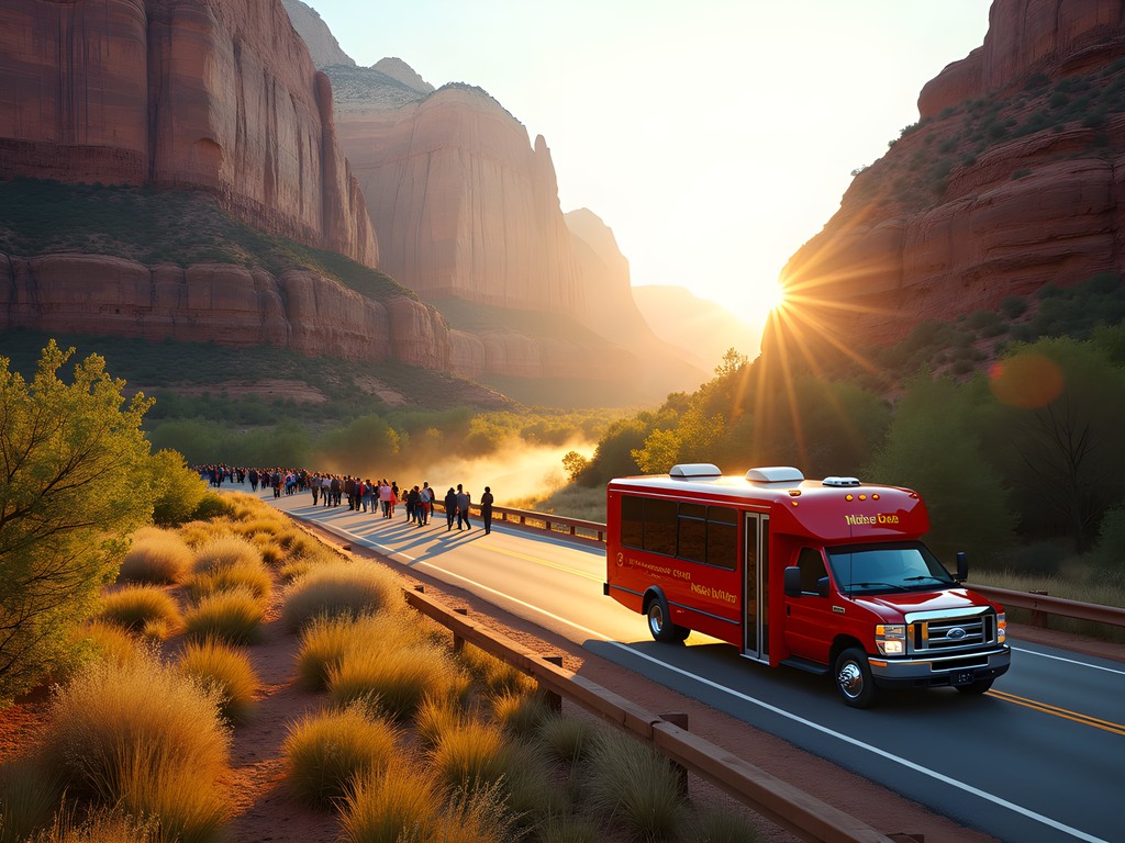 Zion National Park shuttle at dawn with passengers boarding and mountains in background