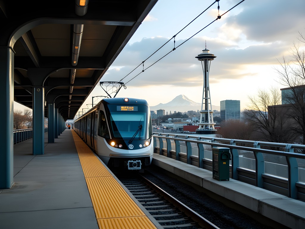 Seattle Link light rail train arriving at station with Space Needle visible in background