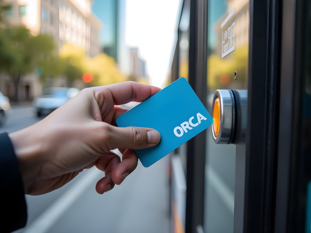 Person tapping ORCA card on transit reader with Seattle skyline in background