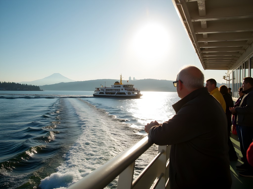Washington State Ferry crossing Puget Sound with Seattle skyline view