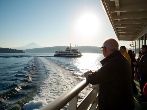 Washington State Ferry crossing Puget Sound with Seattle skyline view