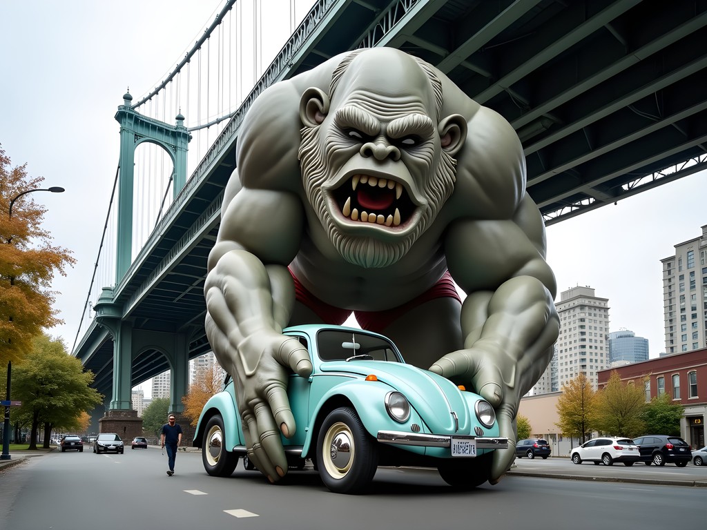 The famous Fremont Troll sculpture under Aurora Bridge with visitor for scale