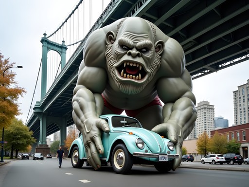 The famous Fremont Troll sculpture under Aurora Bridge with visitor for scale