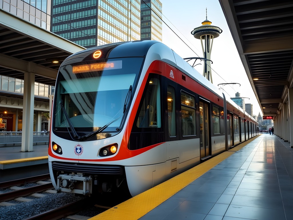 Seattle Link Light Rail train arriving at downtown station with Space Needle visible in background