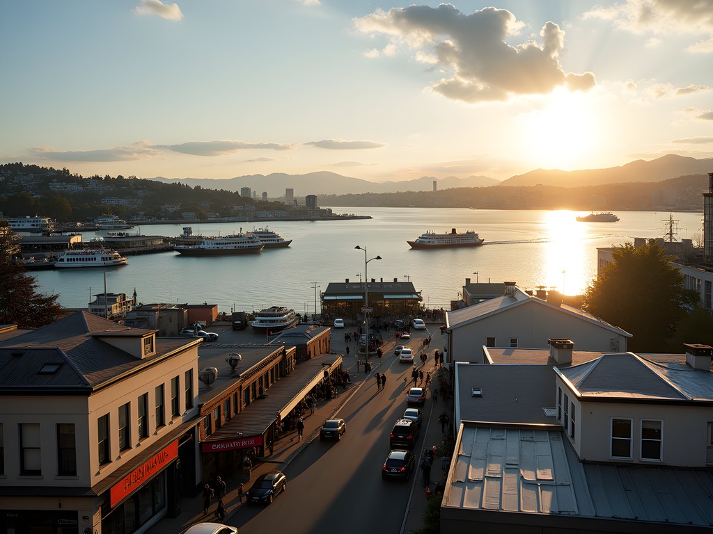 Scenic view of Elliott Bay and Olympic Mountains from Pike Place Market viewpoint