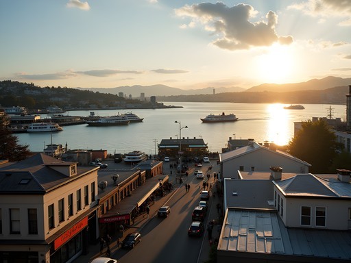 Scenic view of Elliott Bay and Olympic Mountains from Pike Place Market viewpoint