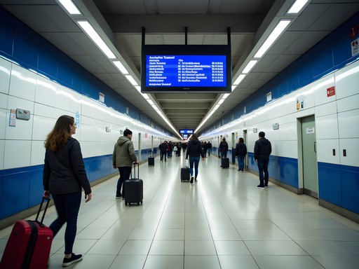 Clean modern Seville metro station platform with families waiting for train