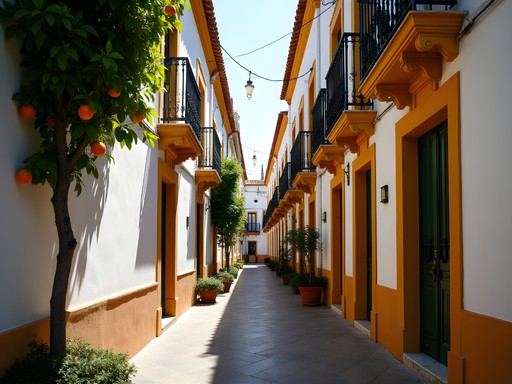 Narrow pedestrian street in Seville's Santa Cruz neighborhood with white buildings and flower pots