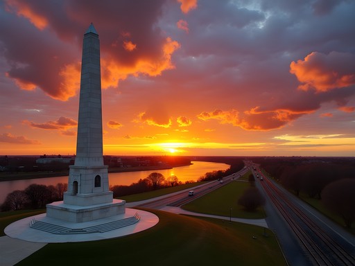 Sergeant Floyd Monument at sunset overlooking the Missouri River and transportation corridors