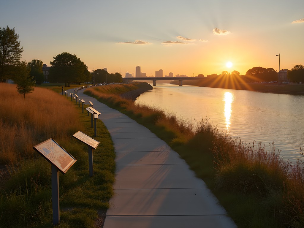 Sunrise over Missouri River with Sioux City riverfront walking path and historical markers